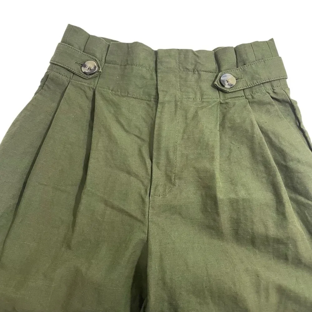 Zara Paperbag Waist Linen Blend Barrel Leg Pants Size MEDIUM Army‎ Olive Green